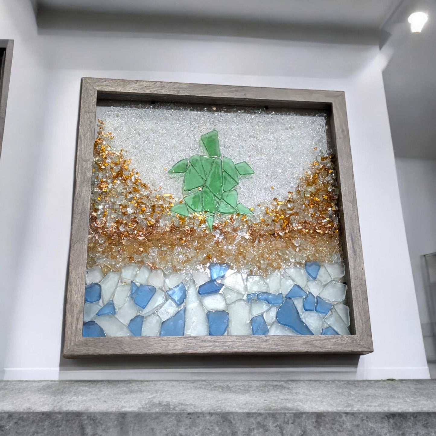 Turtle, sea glass, beach, broken glass, shadowbox art, art, beach decor, wall art, home decor, perfect gift, daisy