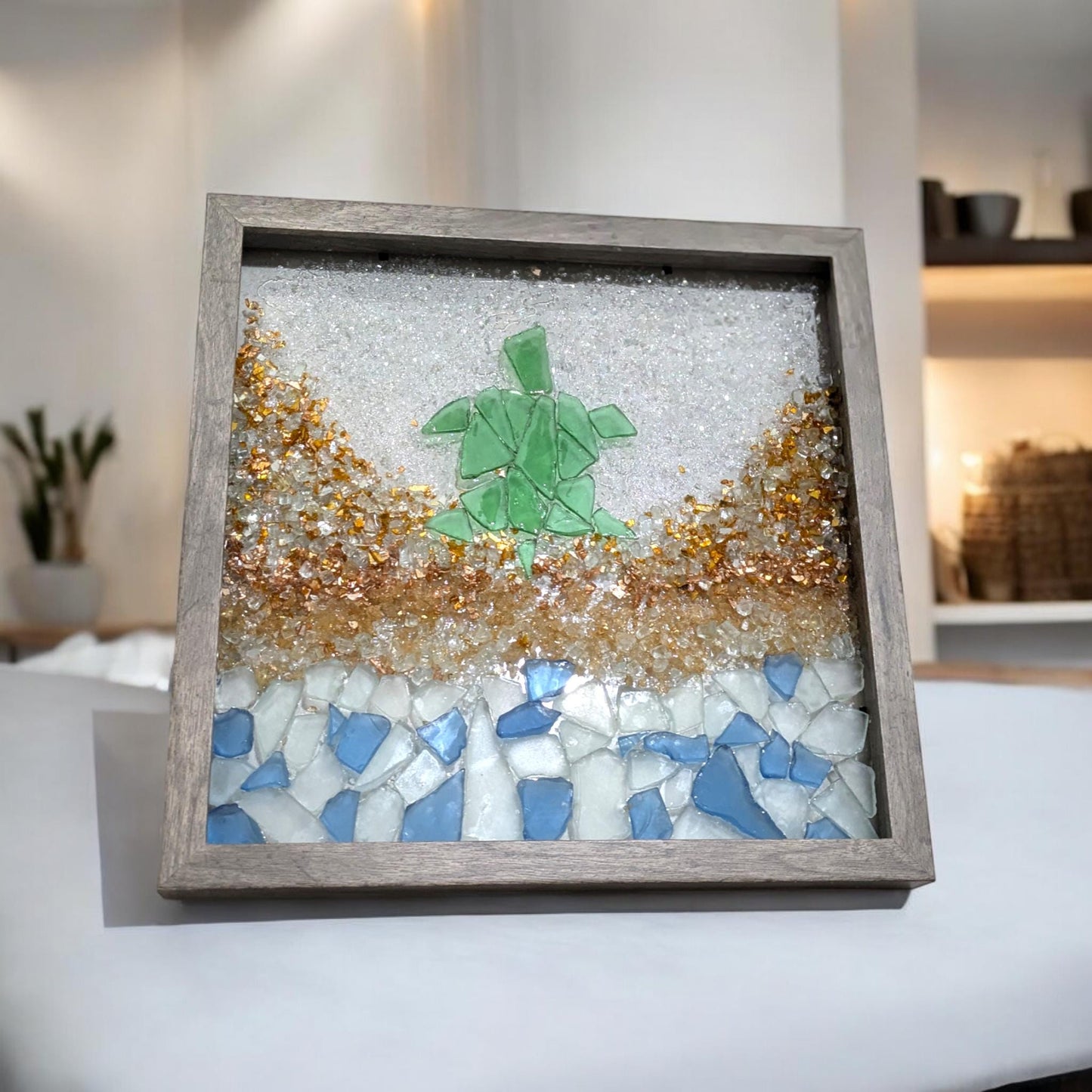 Turtle, sea glass, beach, broken glass, shadowbox art, art, beach decor, wall art, home decor, perfect gift, daisy