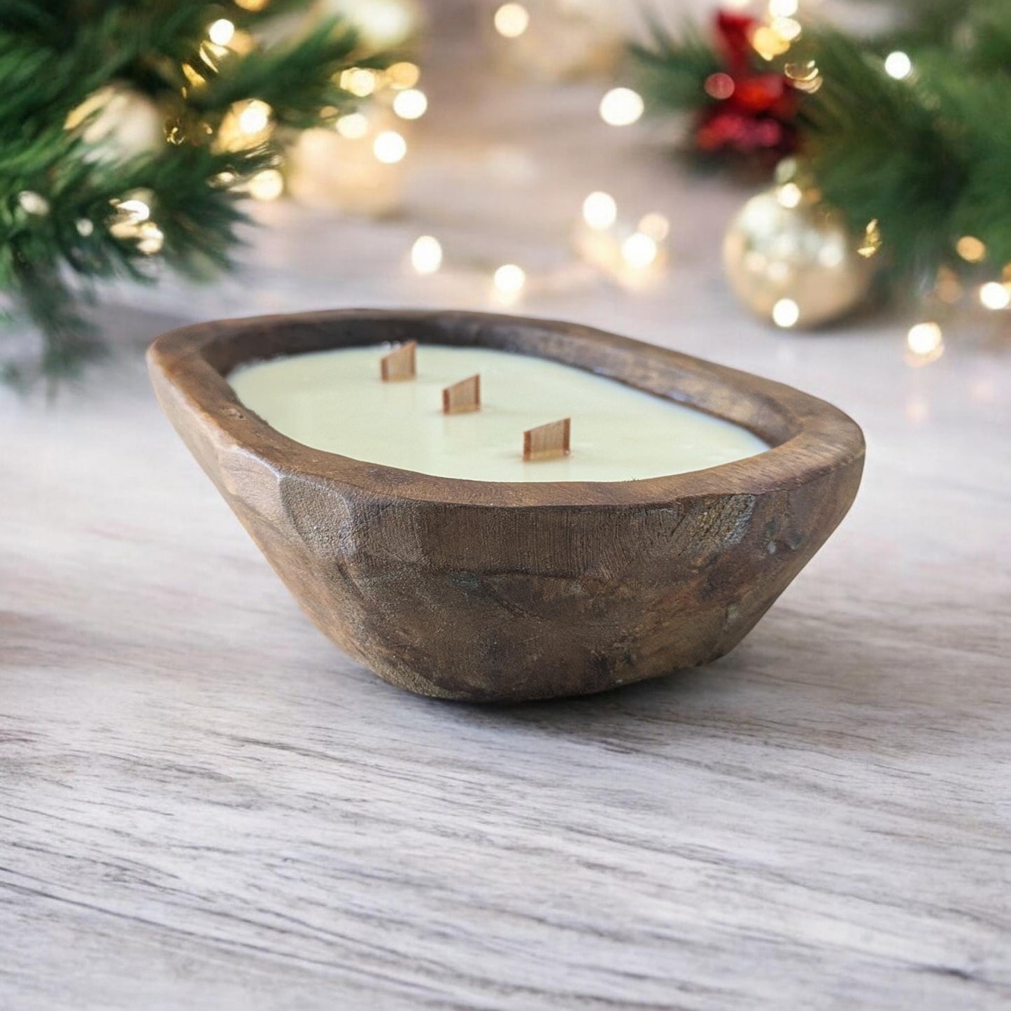 Aura Rustic Wooden Dough Bowl Candle | 3-Wick Soy Candle | Handcrafted Wood Bowl | Natural Home Decor | Reusable Farmhouse Centerpiece