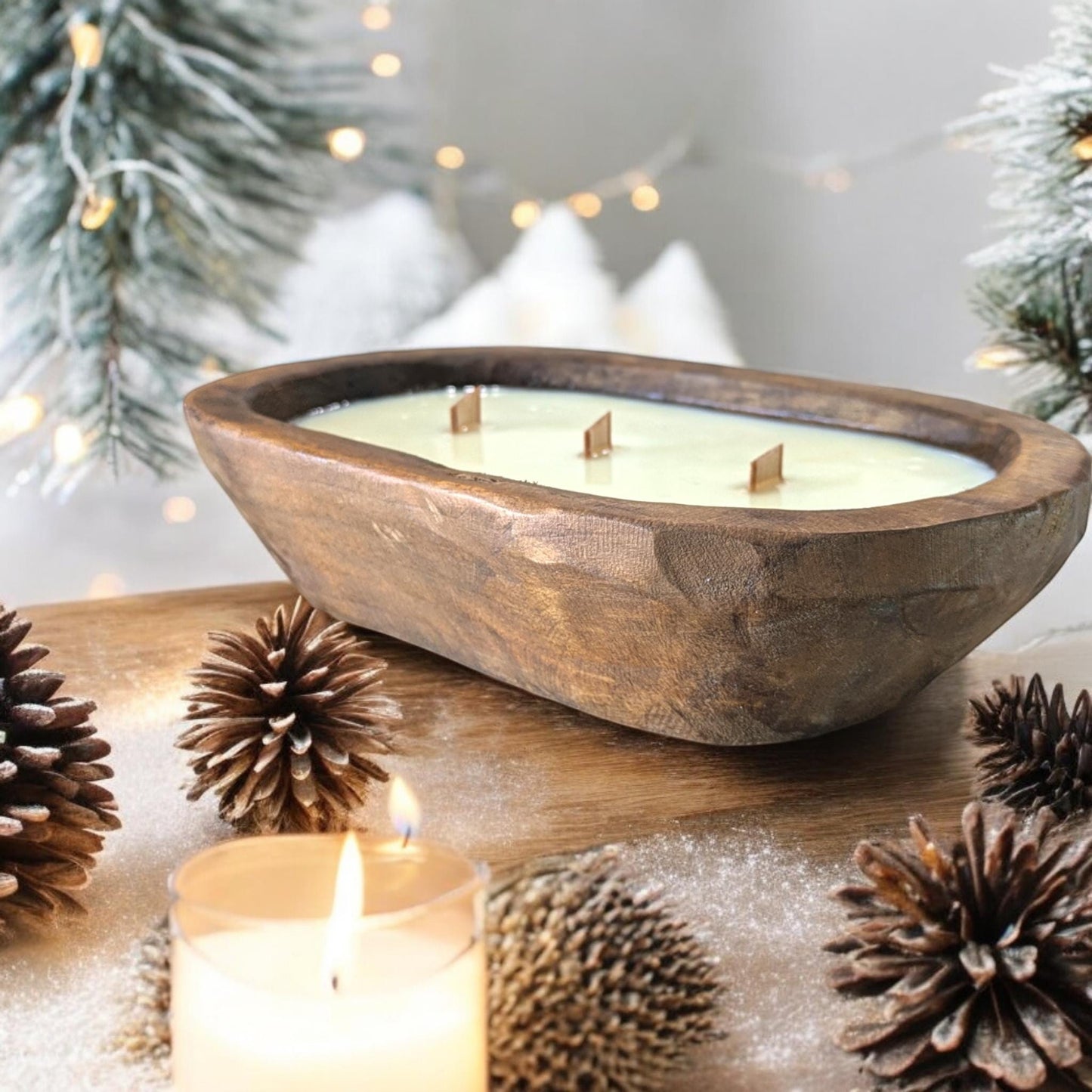 Aura Rustic Wooden Dough Bowl Candle | 3-Wick Soy Candle | Handcrafted Wood Bowl | Natural Home Decor | Reusable Farmhouse Centerpiece