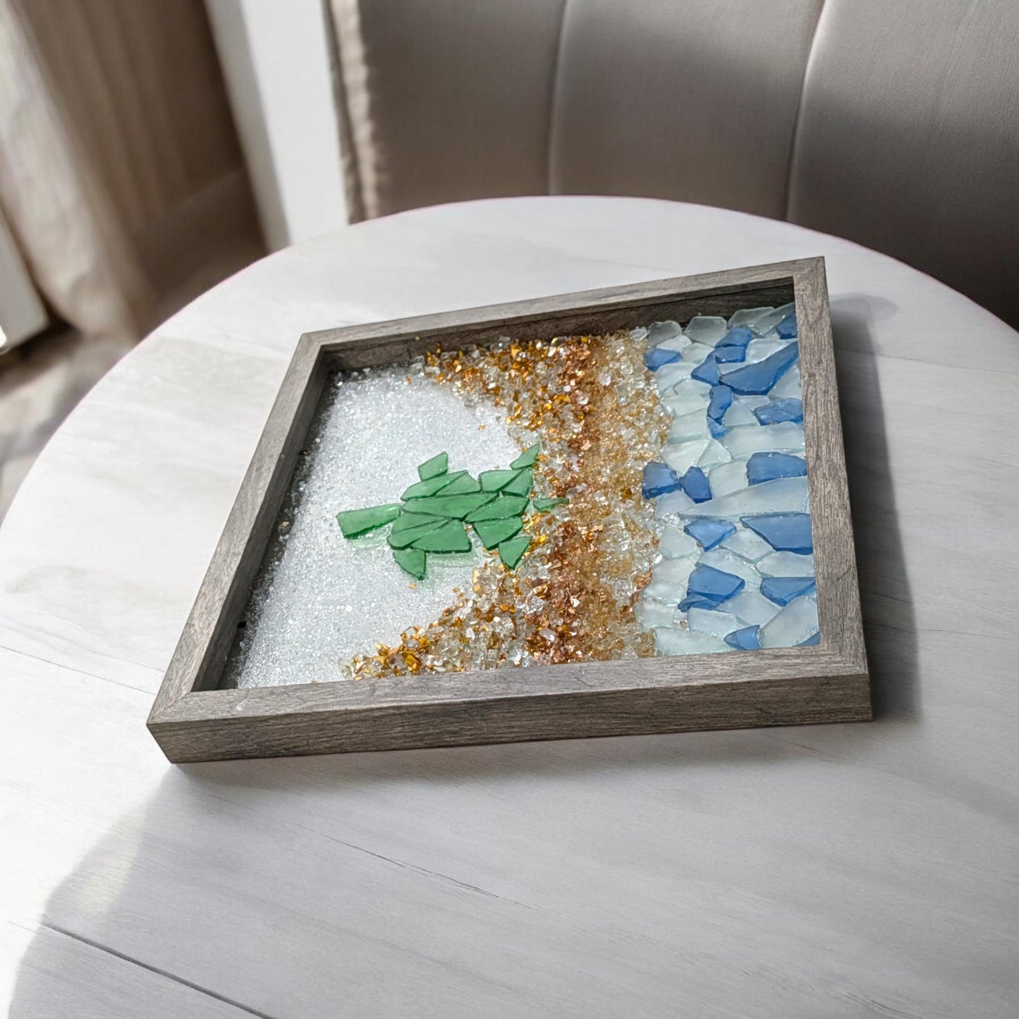 Turtle, sea glass, beach, broken glass, shadowbox art, art, beach decor, wall art, home decor, perfect gift, daisy