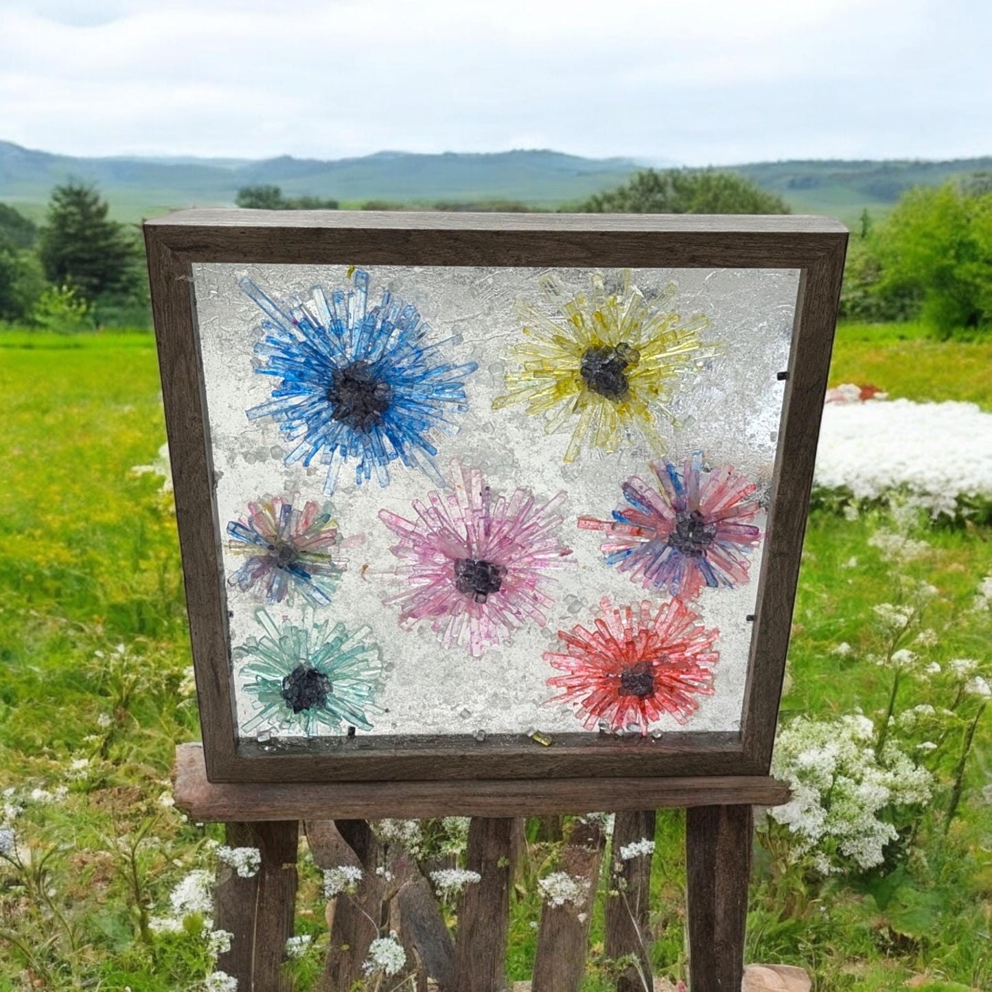 Cute flowers, broken glass, shadowbox art, flower broken mirror art, wall art, home decor, perfect gift, daisy, sun catcher