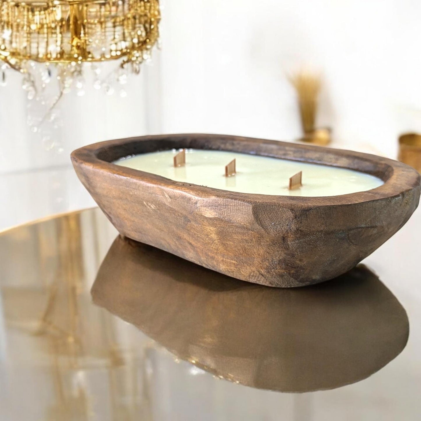 Aura Rustic Wooden Dough Bowl Candle | 3-Wick Soy Candle | Handcrafted Wood Bowl | Natural Home Decor | Reusable Farmhouse Centerpiece