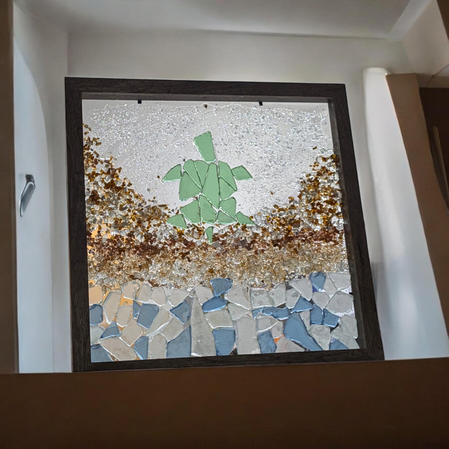 Turtle, sea glass, beach, broken glass, shadowbox art, art, beach decor, wall art, home decor, perfect gift, daisy
