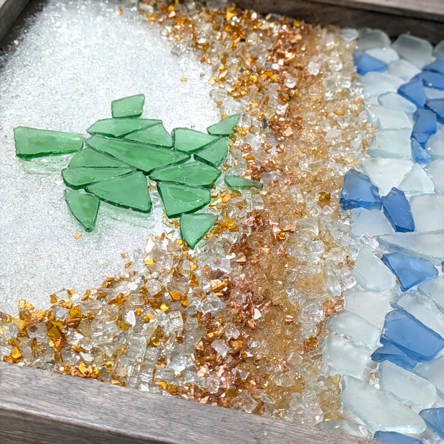 Turtle, sea glass, beach, broken glass, shadowbox art, art, beach decor, wall art, home decor, perfect gift, daisy
