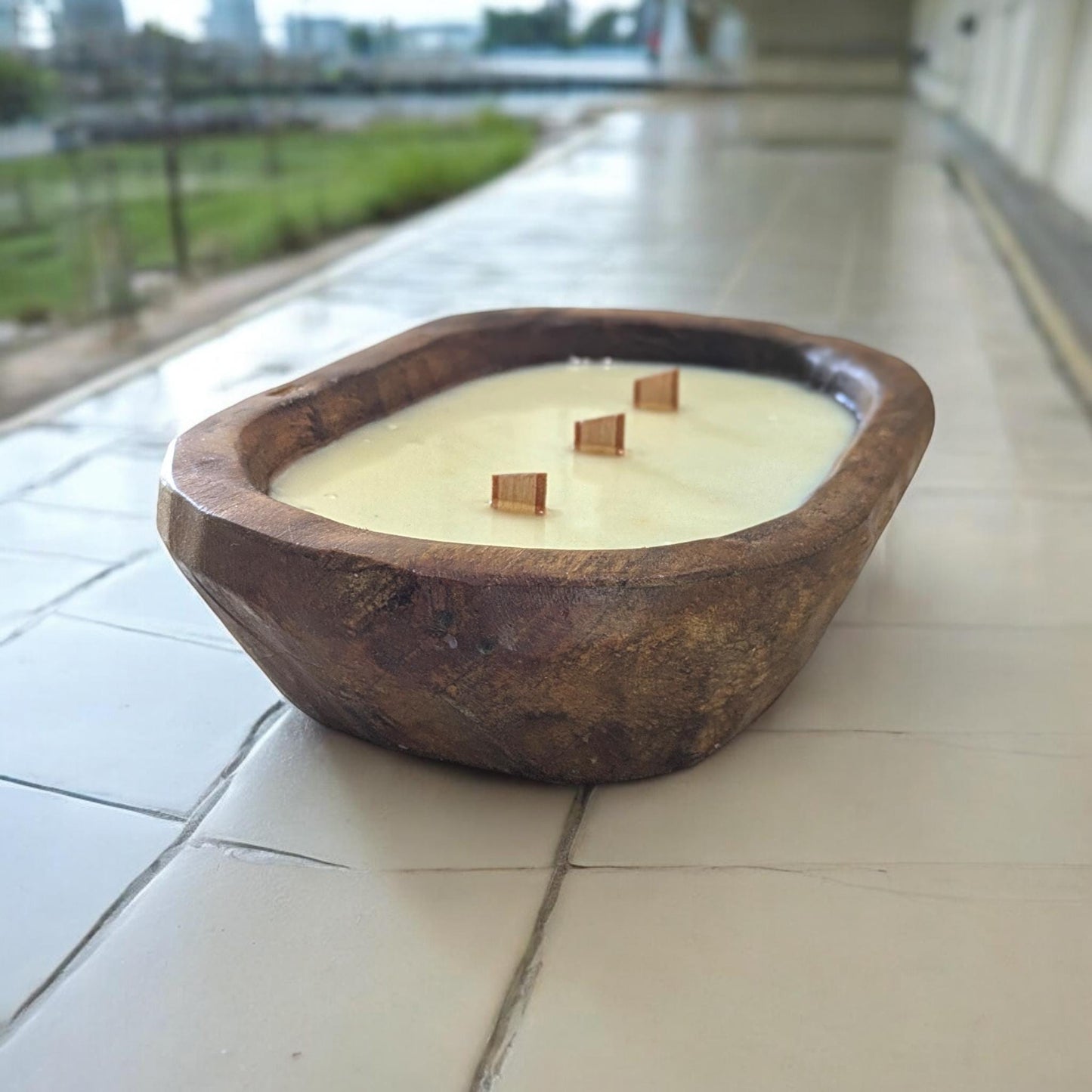 Aura Rustic Wooden Dough Bowl Candle | 3-Wick Soy Candle | Handcrafted Wood Bowl | Natural Home Decor | Reusable Farmhouse Centerpiece
