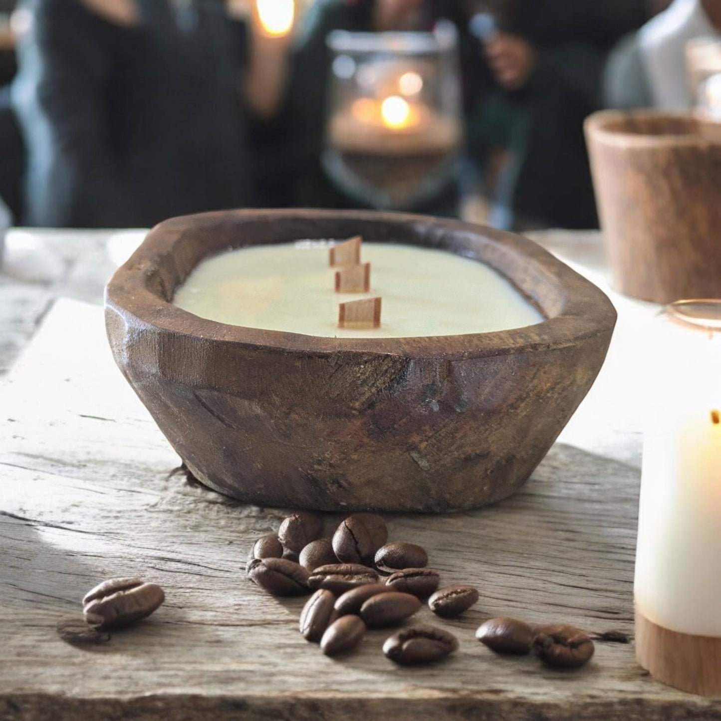 Aura Rustic Wooden Dough Bowl Candle | 3-Wick Soy Candle | Handcrafted Wood Bowl | Natural Home Decor | Reusable Farmhouse Centerpiece