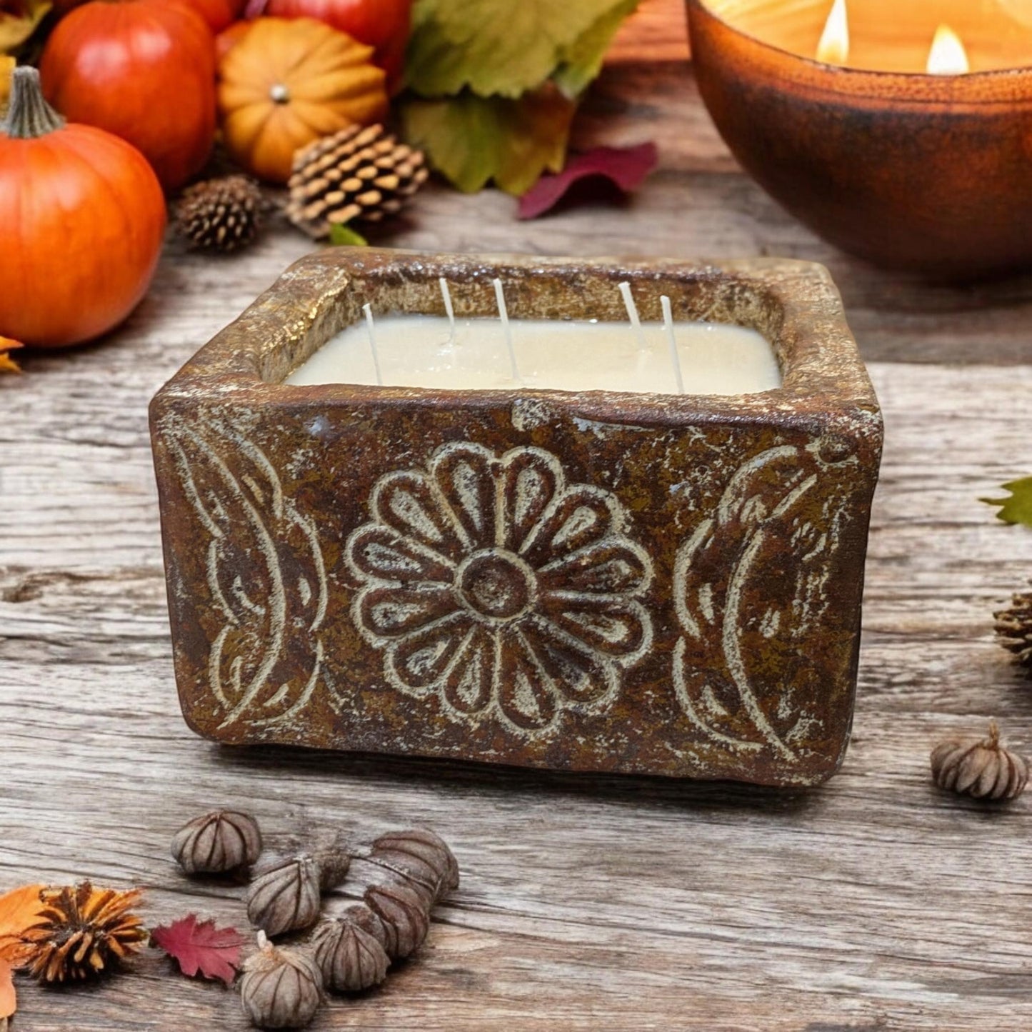 Aura Square Rustic Floral Ceramic Candle | Multi-Wick Soy Candle | Handcrafted Table Decor | Gift-Ready