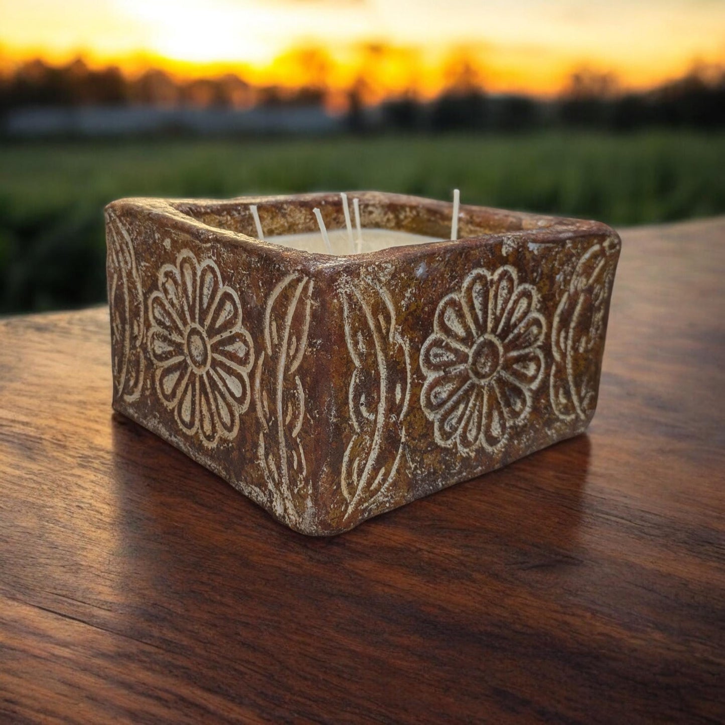 Aura Square Rustic Floral Ceramic Candle | Multi-Wick Soy Candle | Handcrafted Table Decor | Gift-Ready