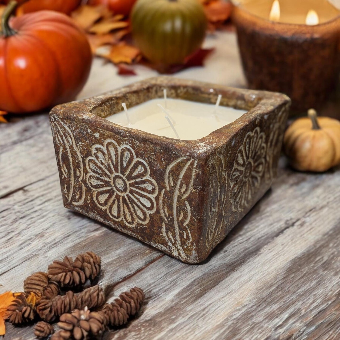 Aura Square Rustic Floral Ceramic Candle | Multi-Wick Soy Candle | Handcrafted Table Decor | Gift-Ready