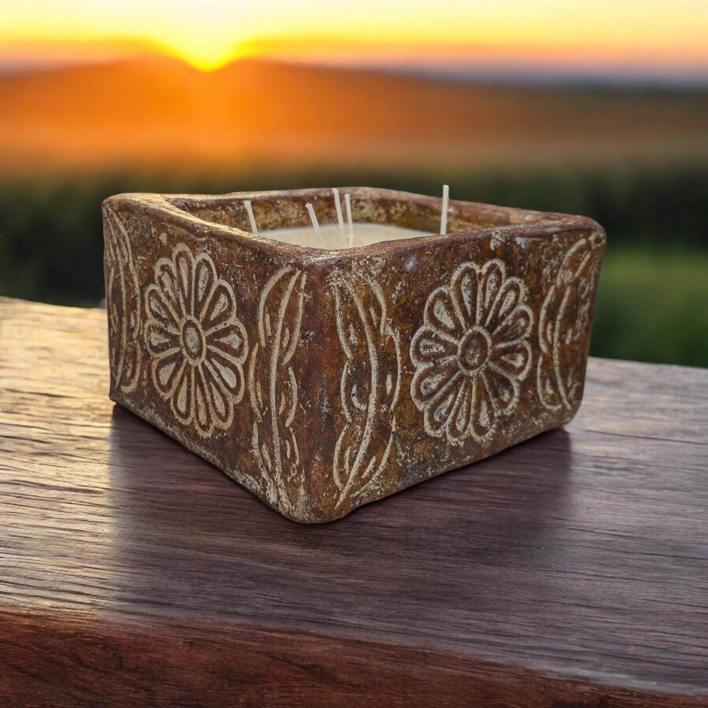 Aura Square Rustic Floral Ceramic Candle | Multi-Wick Soy Candle | Handcrafted Table Decor | Gift-Ready