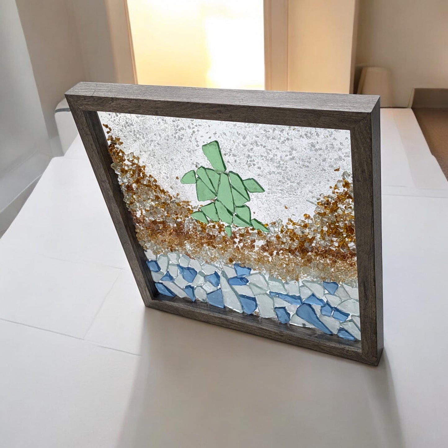 Turtle, sea glass, beach, broken glass, shadowbox art, art, beach decor, wall art, home decor, perfect gift, daisy