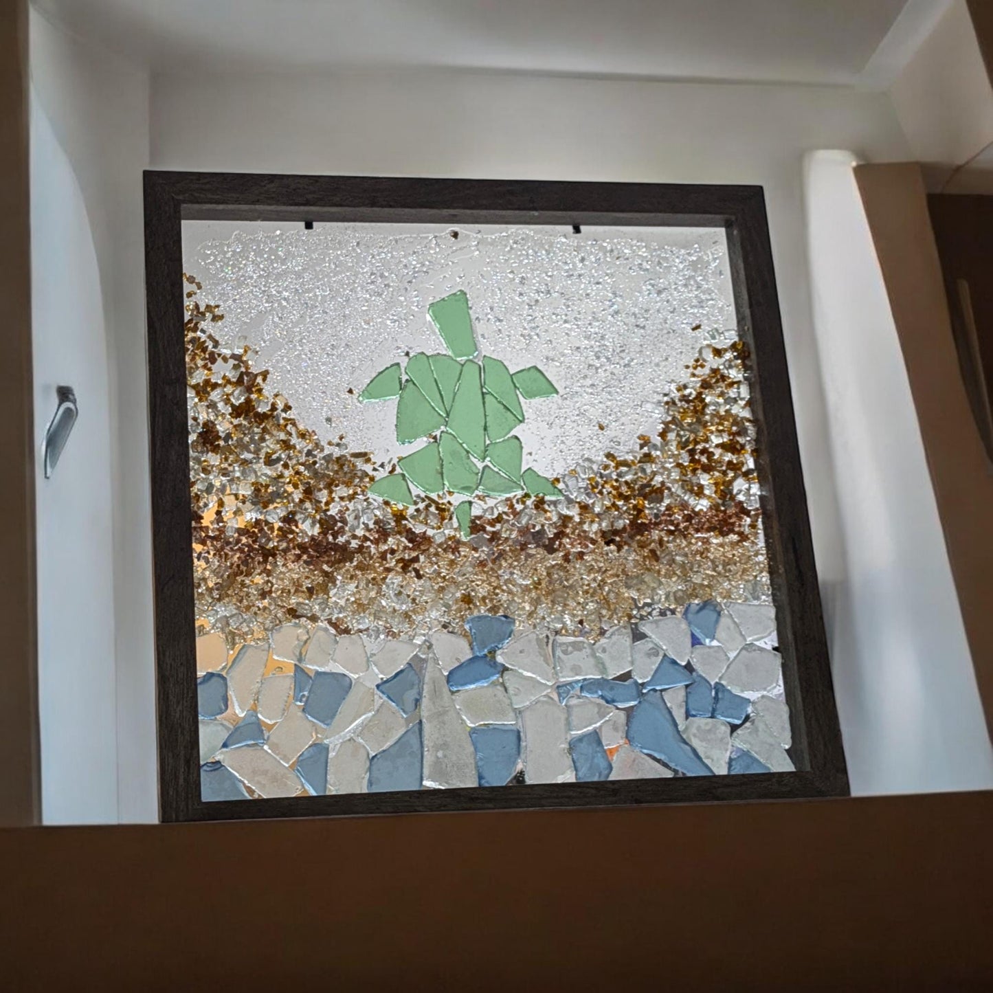 Turtle, sea glass, beach, broken glass, shadowbox art, art, beach decor, wall art, home decor, perfect gift, daisy