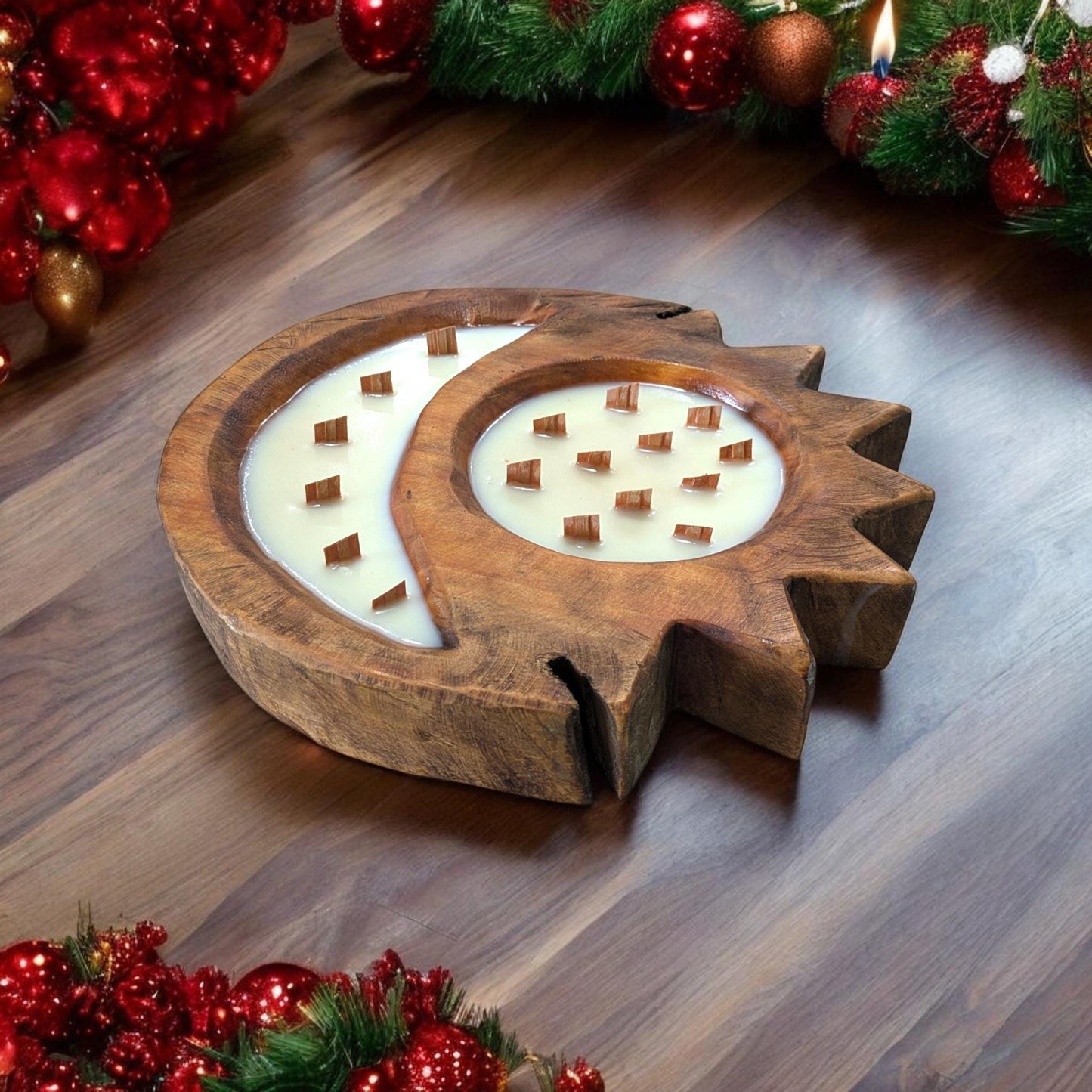 Sun & Moon Wood Wick Reusable Beautiful wooden Dough Bowl Candle table decor for the holidays. Perfect Gift