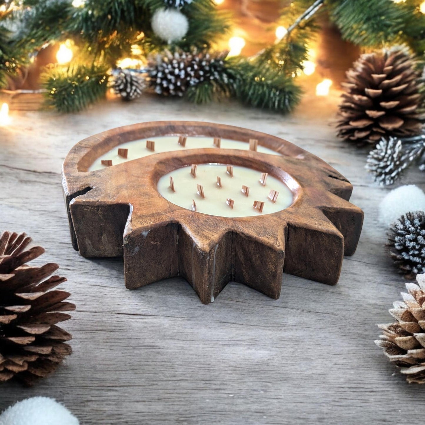 Sun & Moon Wood Wick Reusable Beautiful wooden Dough Bowl Candle table decor for the holidays. Perfect Gift