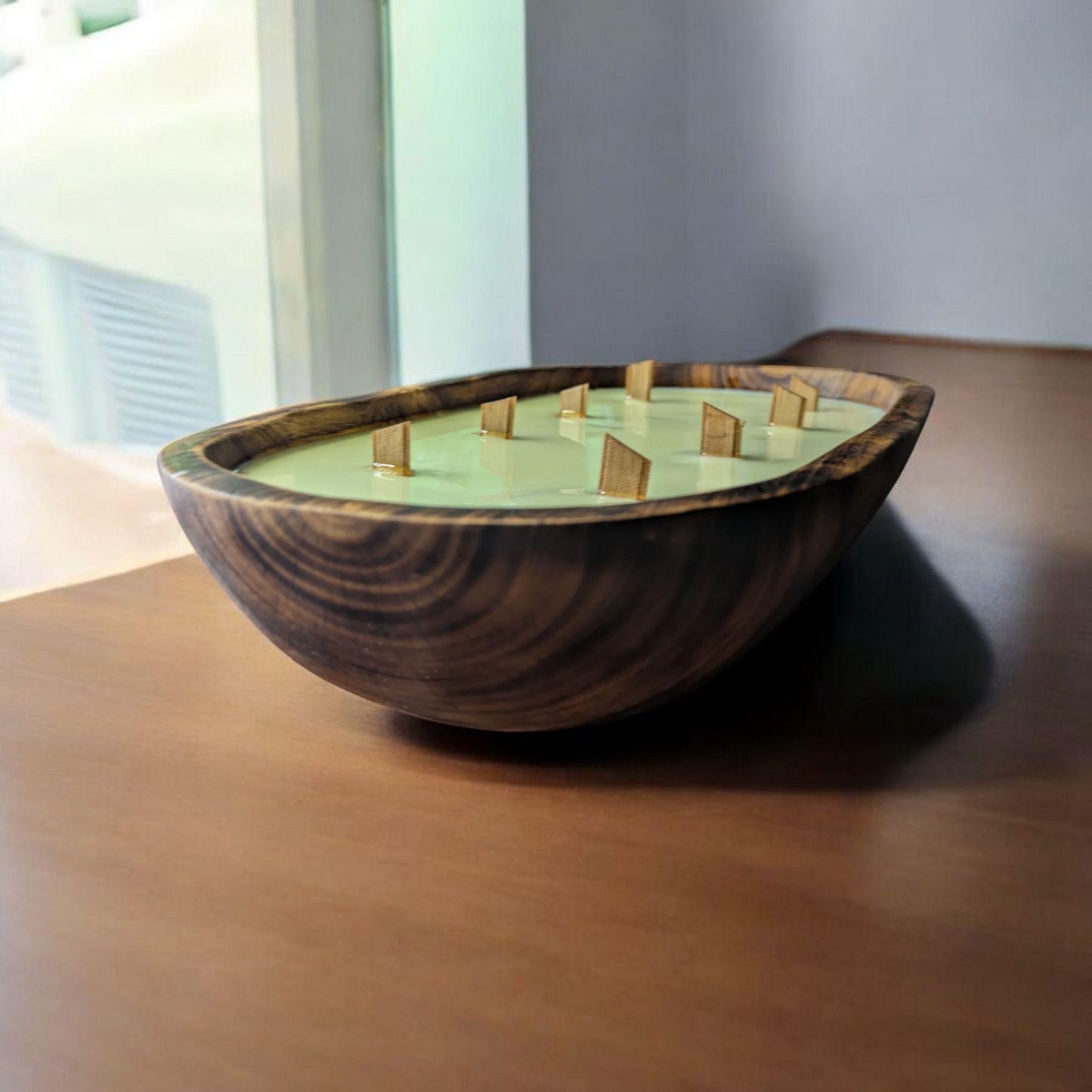 Aura Handcrafted Wooden Dough Bowl Candle ā Light Green Soy Wax | Multi-Wick Wood Candle | Rustic Reusable Decor | Eco-Friendly Gift