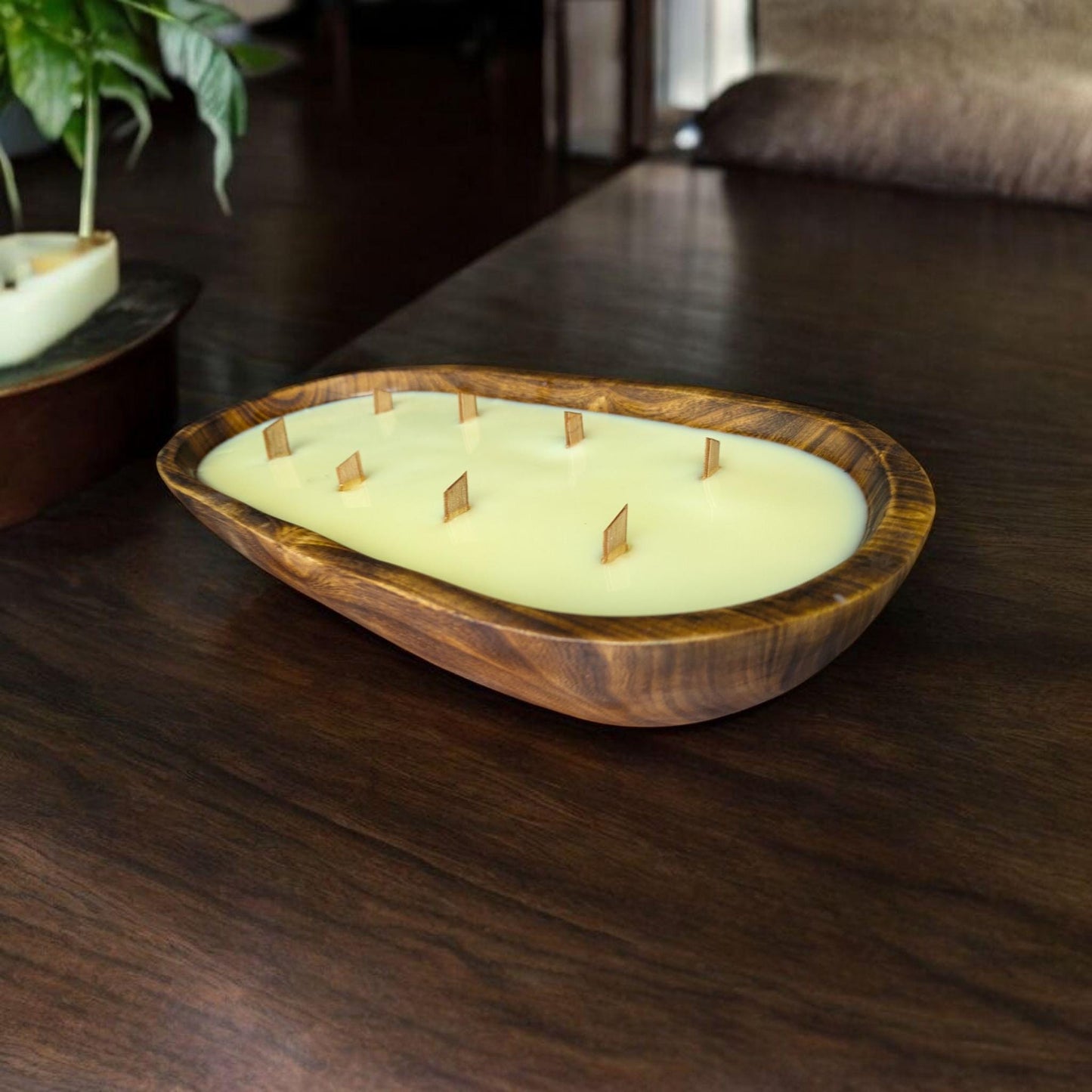 Aura Handcrafted Wooden Dough Bowl Candle ā Light Green Soy Wax | Multi-Wick Wood Candle | Rustic Reusable Decor | Eco-Friendly Gift