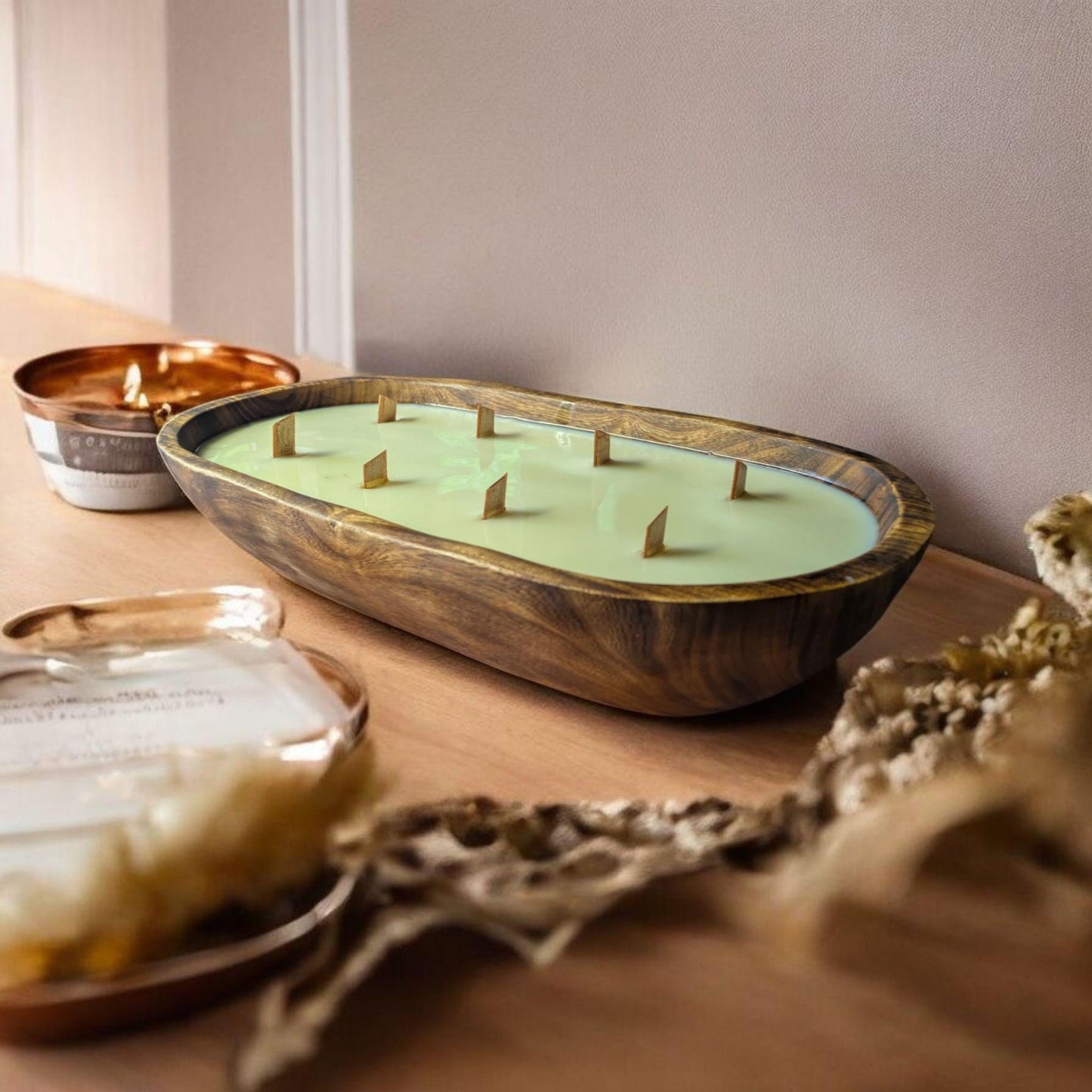 Aura Handcrafted Wooden Dough Bowl Candle ā Light Green Soy Wax | Multi-Wick Wood Candle | Rustic Reusable Decor | Eco-Friendly Gift