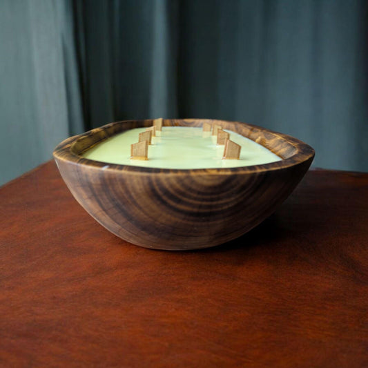 Aura Handcrafted Wooden Dough Bowl Candle – Light Green Soy Wax | Multi-Wick Wood Candle | Rustic Reusable Decor | Eco-Friendly Gift