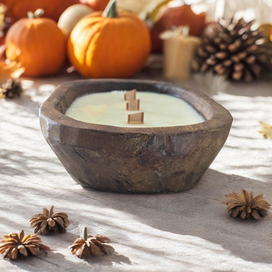 Aura Rustic Wooden Dough Bowl Candle | 3-Wick Soy Candle | Handcrafted Wood Bowl | Natural Home Decor | Reusable Farmhouse Centerpiece