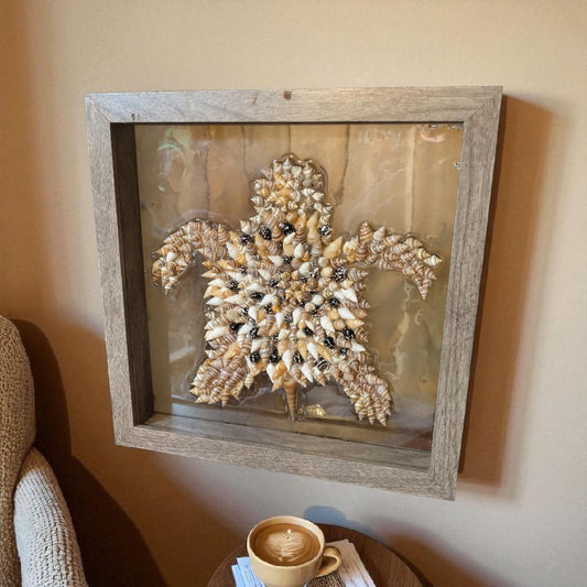 Handcrafted Shell Turtle Art – Framed Shadowbox | Natural Textures | Coastal Wall Decor | Earthy Beach House Accent | Ocean-Inspired Gift