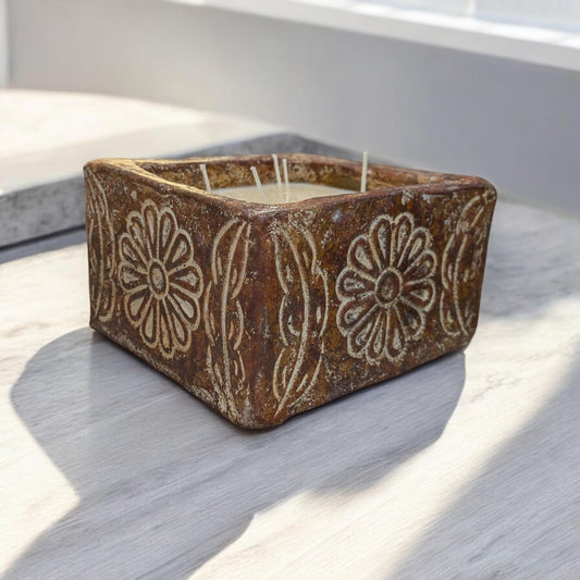 Aura Square Rustic Floral Ceramic Candle | Multi-Wick Soy Candle | Handcrafted Table Decor | Gift-Ready