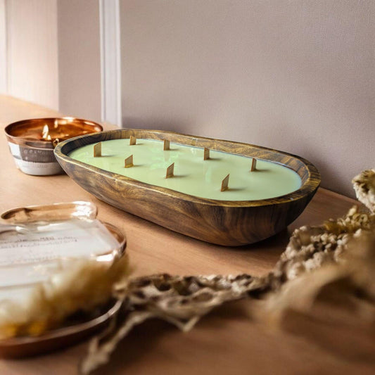 Aura Handcrafted Wooden Dough Bowl Candle – Light Green Soy Wax | Multi-Wick Wood Candle | Rustic Reusable Decor | Eco-Friendly Gift