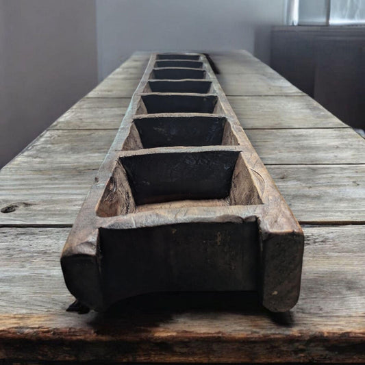 Aura Rustic 7-Compartment Wooden Tray | Hand-Carved Vintage Style Display | Long Dough Bowl Tray | Farmhouse Table Decor | Boho Organizer