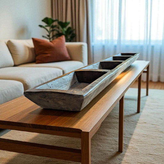 Aura Rustic 4-Compartment Wooden Tray | Hand-Carved Vintage Style Display | Long Dough Bowl Tray | Farmhouse Table Decor | Boho Organizer
