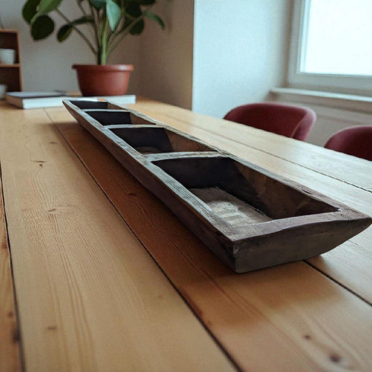 Aura Rustic 4-Compartment Wooden Tray | Hand-Carved Vintage Style Display | Long Dough Bowl Tray | Farmhouse Table Decor | Boho Organizer
